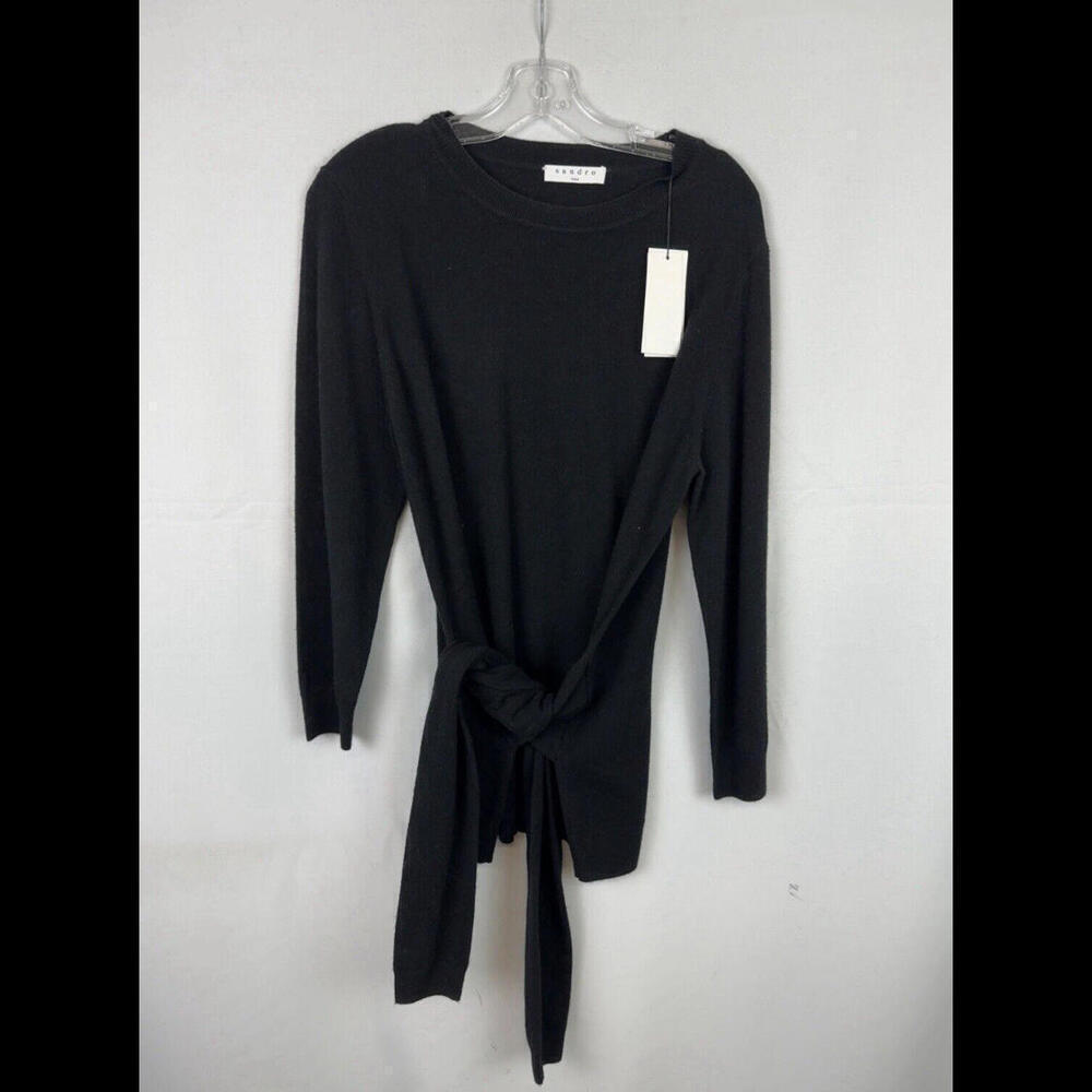 Sandro Sofy Wool Cashmere Tie Chest Crewneck Sweater Black Size 3, L